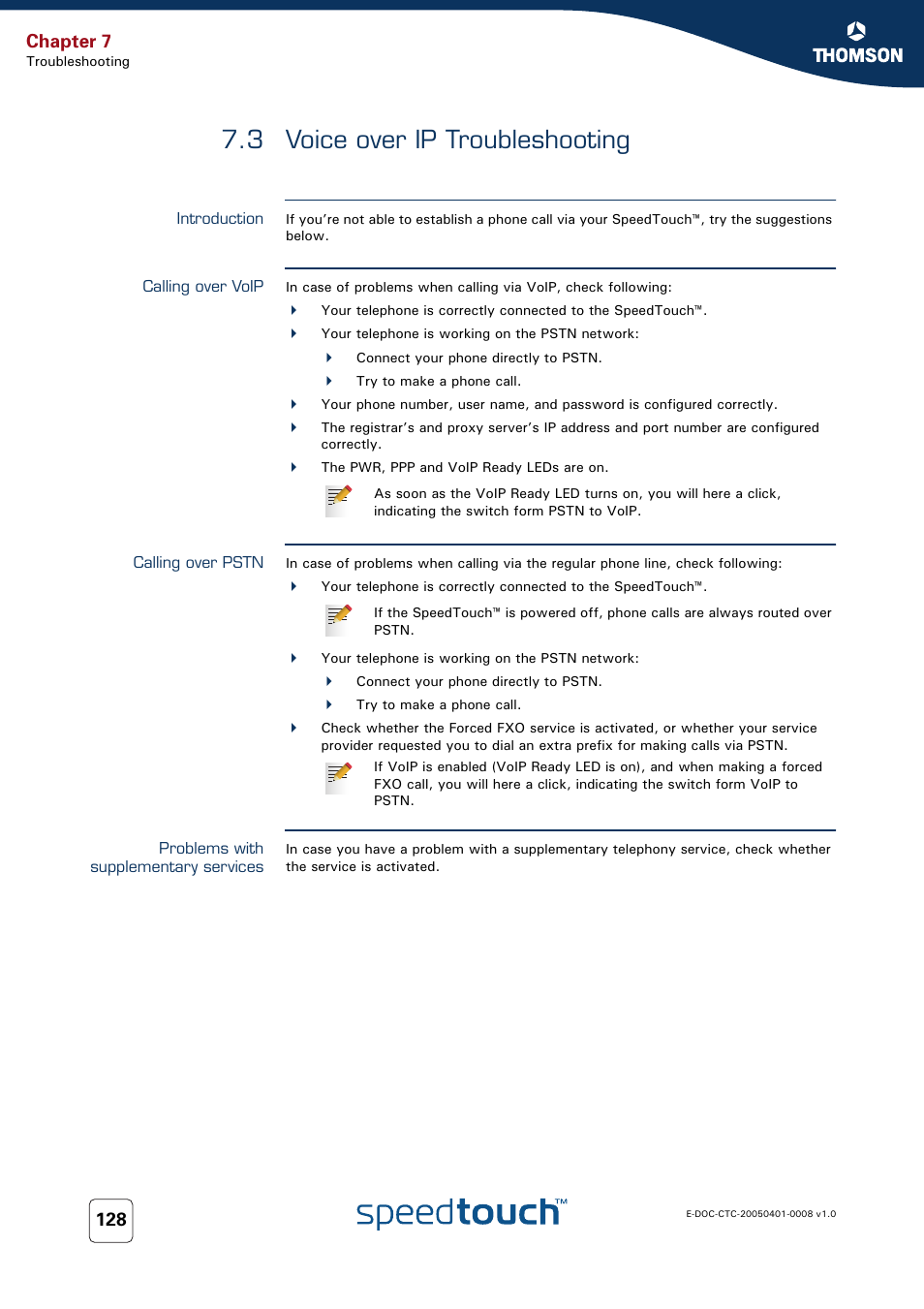 3 voice over ip troubleshooting, Introduction, Calling over voip | Calling over pstn, Problems with supplementary services, Voice over ip troubleshooting, Chapter 7 | RCA SpeedTouch 716v5 (WL) User Manual | Page 136 / 140