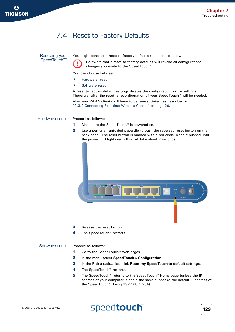 4 reset to factory defaults, Resetting your speedtouch, Hardware reset | Software reset, Reset to factory defaults, 4 reset, 4 reset to factory, Chapter 7 | RCA SpeedTouch 716v5 (WL) User Manual | Page 137 / 140