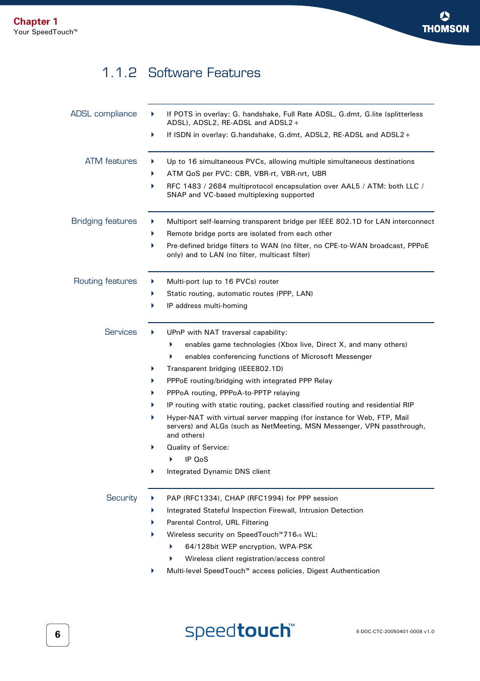 2 software features, Adsl compliance, Atm features | Bridging features, Routing features, Services, Security, Software features, Chapter 1 | RCA SpeedTouch 716v5 (WL) User Manual | Page 14 / 140