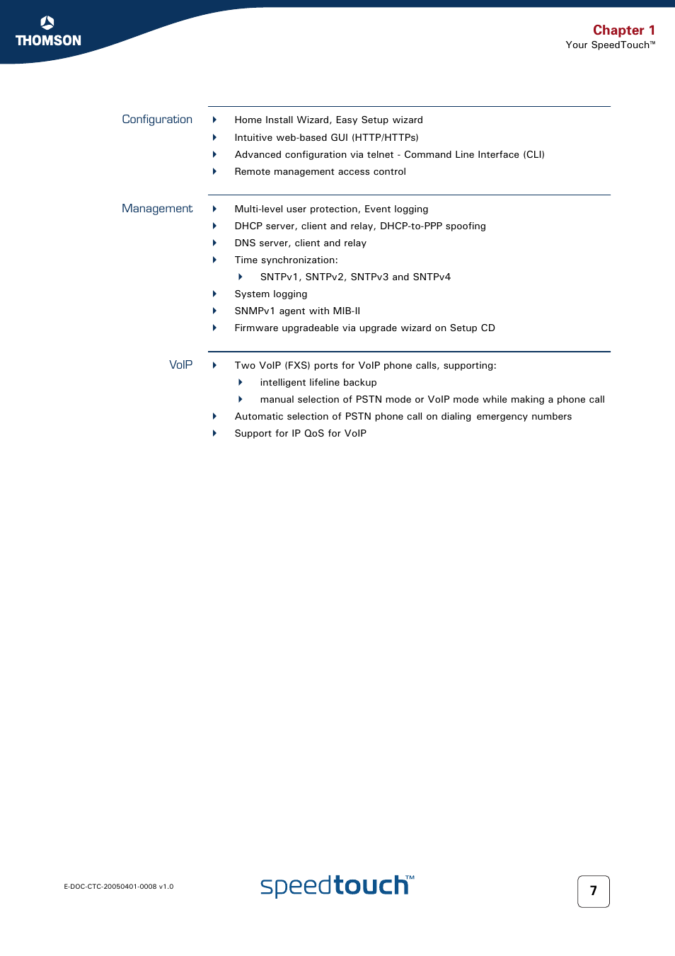 Configuration, Management, Voip | Chapter 1 | RCA SpeedTouch 716v5 (WL) User Manual | Page 15 / 140