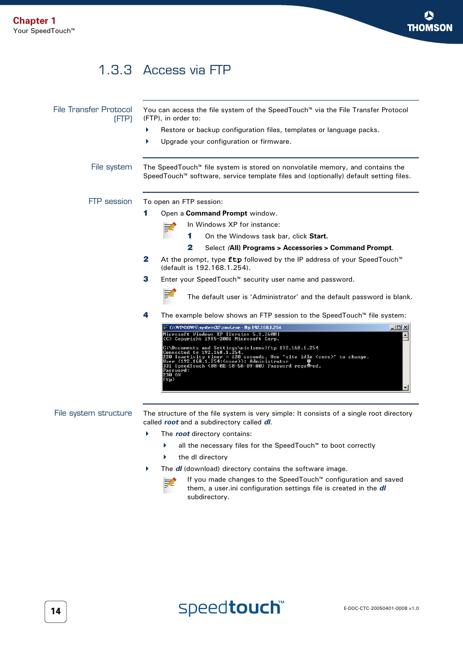 3 access via ftp, File transfer protocol (ftp), File system | Ftp session, File system structure, Access via ftp, For more information, see, 3 access via, Chapter 1 | RCA SpeedTouch 716v5 (WL) User Manual | Page 22 / 140