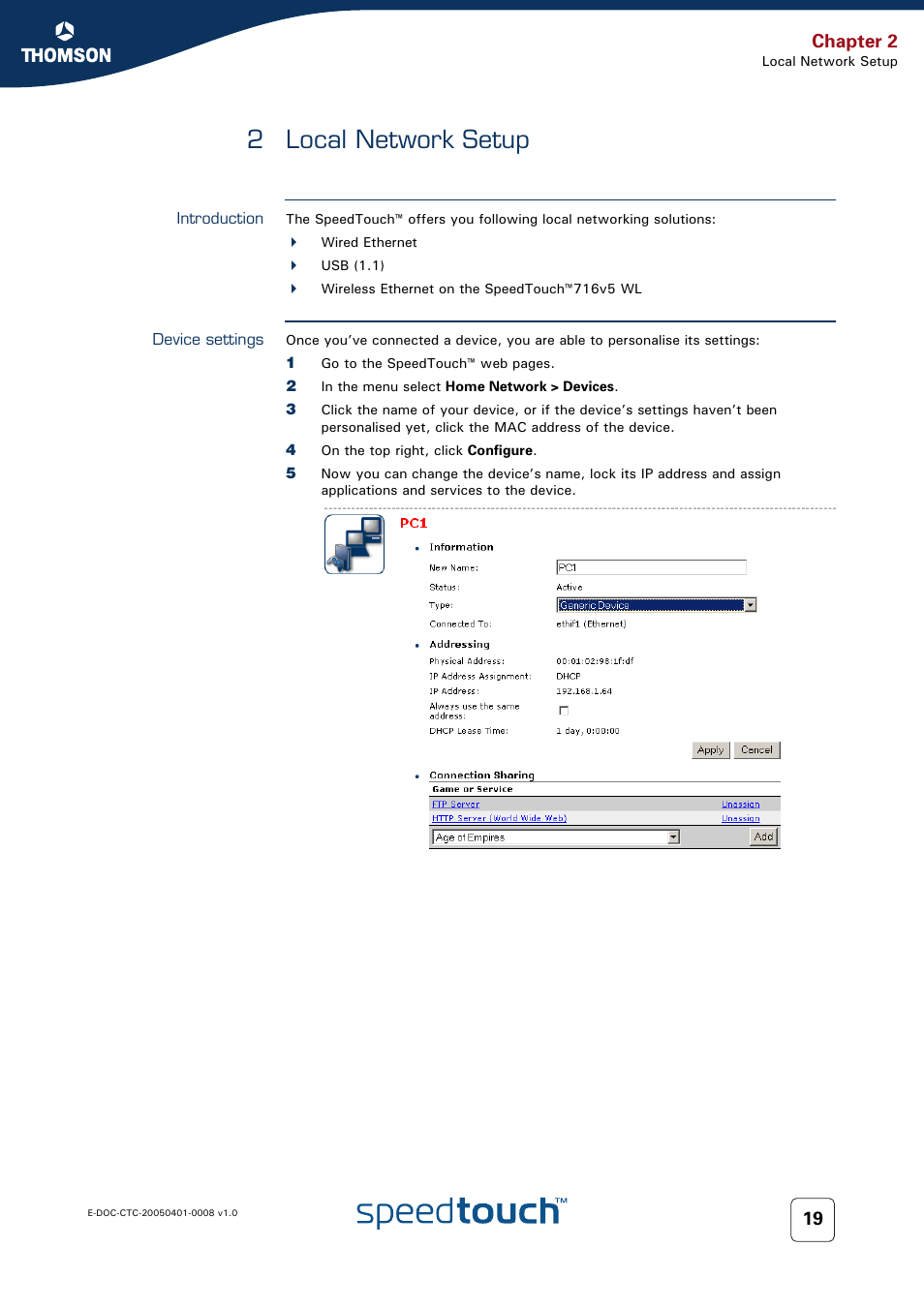 2 local network setup, Introduction, Device settings | Local network setup, Chapter 2 | RCA SpeedTouch 716v5 (WL) User Manual | Page 27 / 140