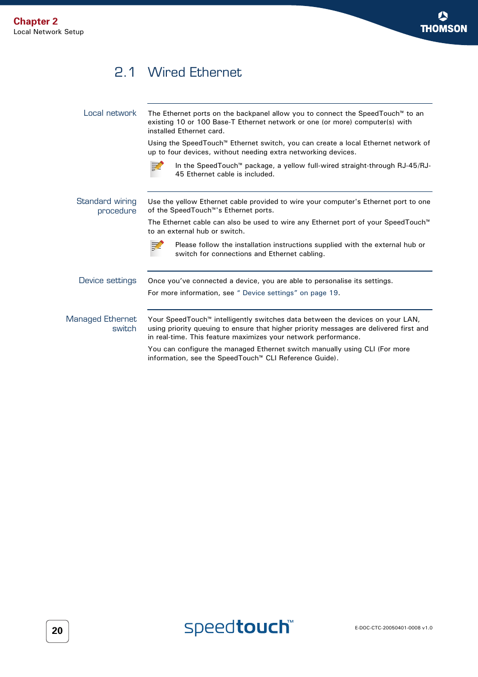 1 wired ethernet, Local network, Standard wiring procedure | Device settings, Managed ethernet switch, Wired ethernet, Chapter 2 | RCA SpeedTouch 716v5 (WL) User Manual | Page 28 / 140