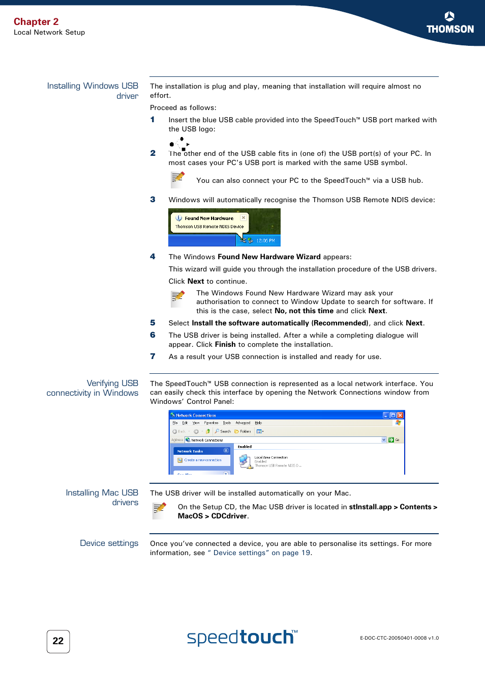 Installing windows usb driver, Verifying usb connectivity in windows, Installing mac usb drivers | Device settings, Chapter 2 | RCA SpeedTouch 716v5 (WL) User Manual | Page 30 / 140