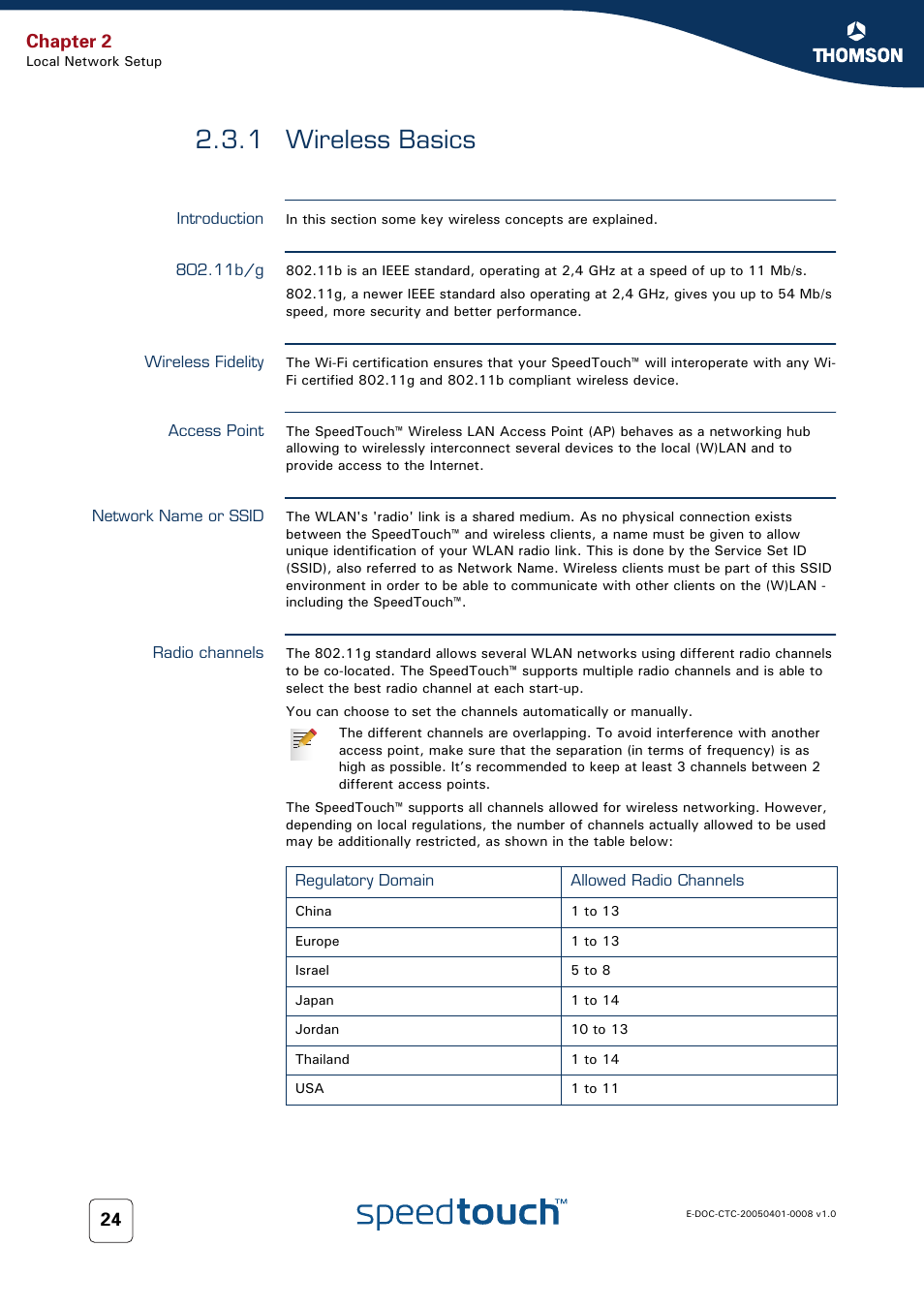 1 wireless basics, Introduction, 11b/g | Wireless fidelity, Access point, Network name or ssid, Radio channels, Wireless basics, Chapter 2 | RCA SpeedTouch 716v5 (WL) User Manual | Page 32 / 140