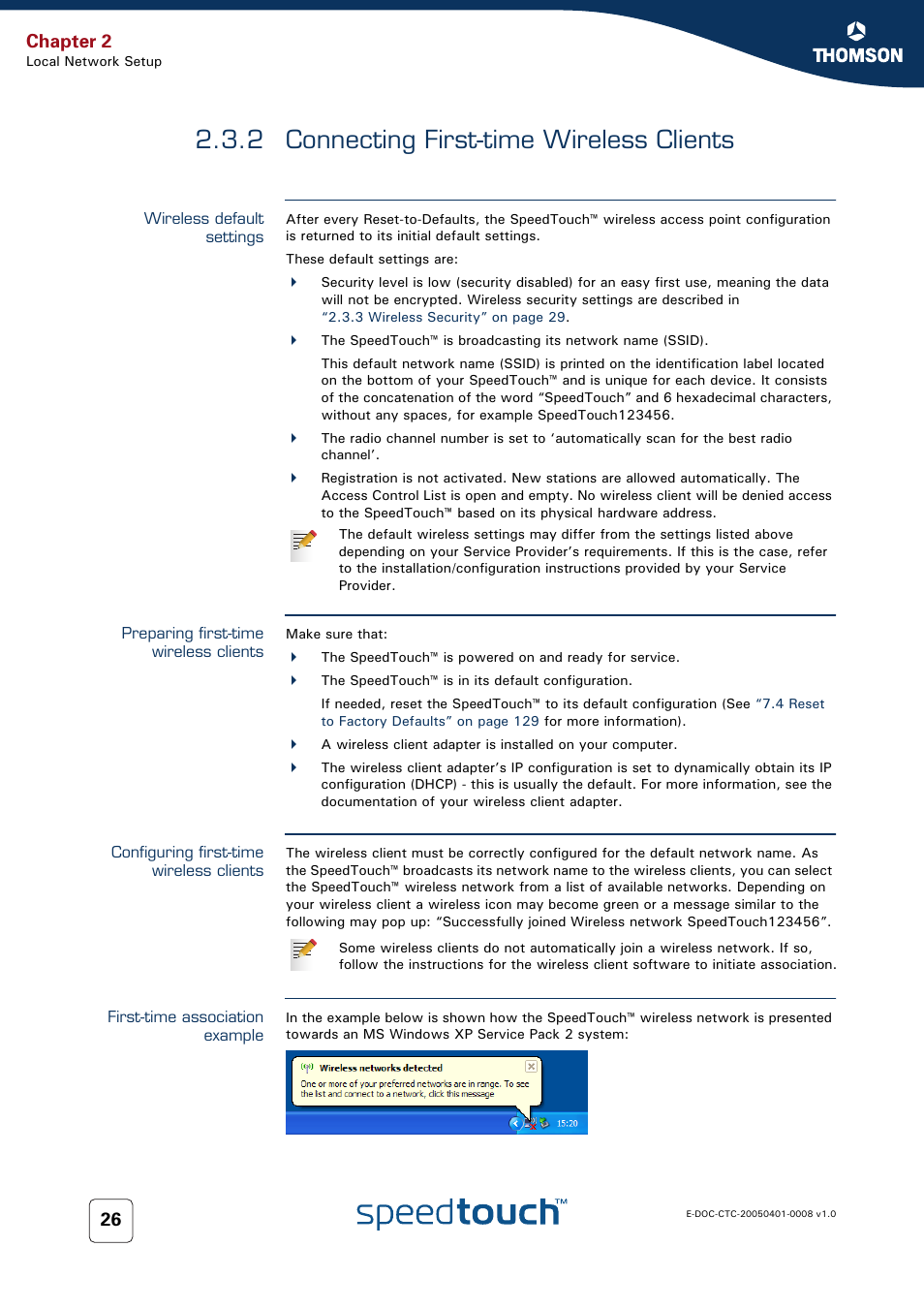 2 connecting first-time wireless clients, Wireless default settings, Preparing first-time wireless clients | Configuring first-time wireless clients, First-time association example, Connecting first-time wireless clients, Chapter 2 | RCA SpeedTouch 716v5 (WL) User Manual | Page 34 / 140