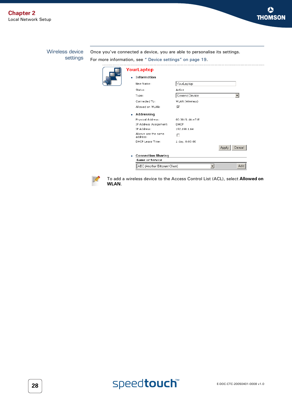 Wireless device settings, Chapter 2 | RCA SpeedTouch 716v5 (WL) User Manual | Page 36 / 140