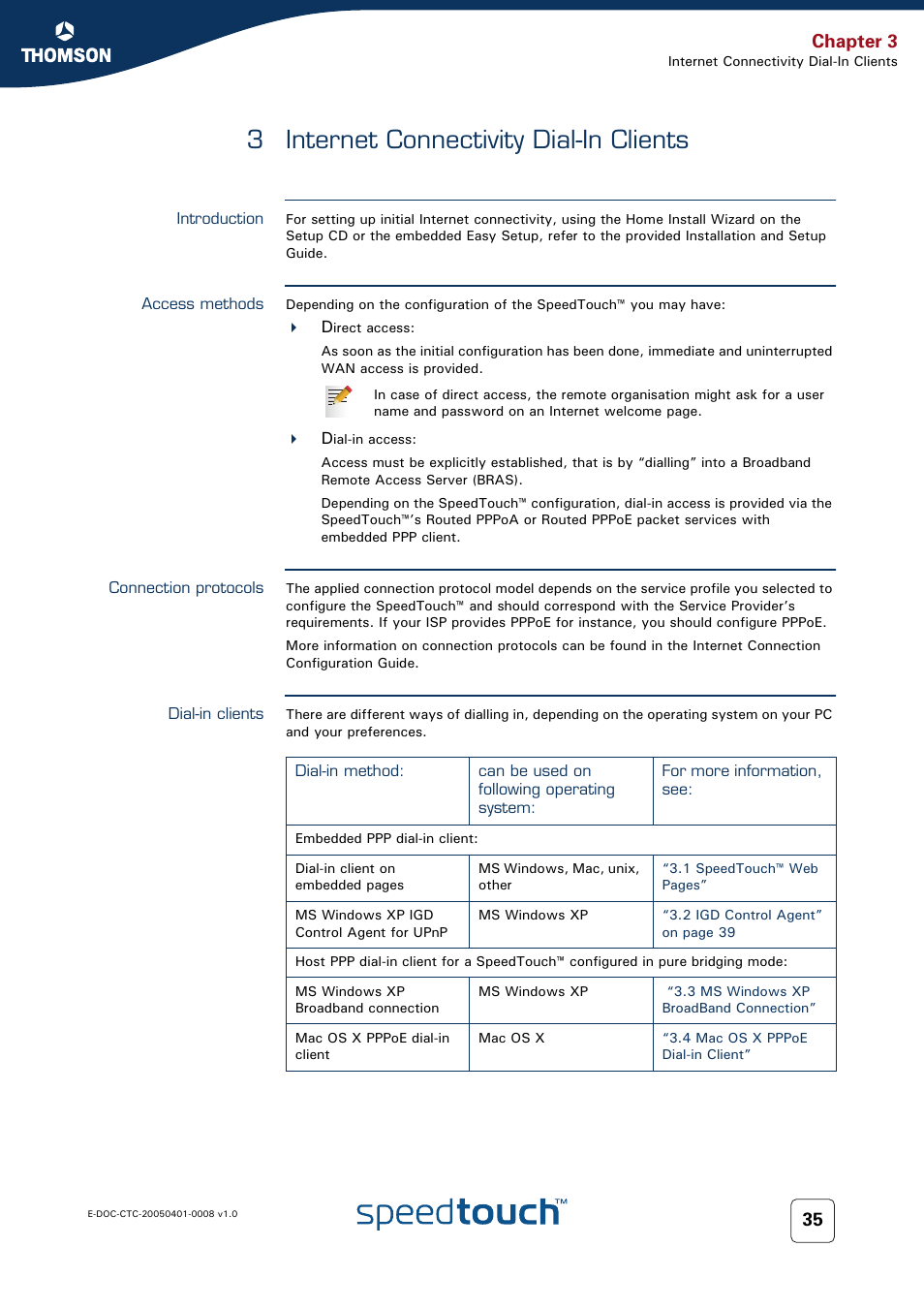 3 internet connectivity dial-in clients, Introduction, Access methods | Connection protocols, Dial-in clients, Internet connectivity dial-in clients, Chapter 3 | RCA SpeedTouch 716v5 (WL) User Manual | Page 43 / 140