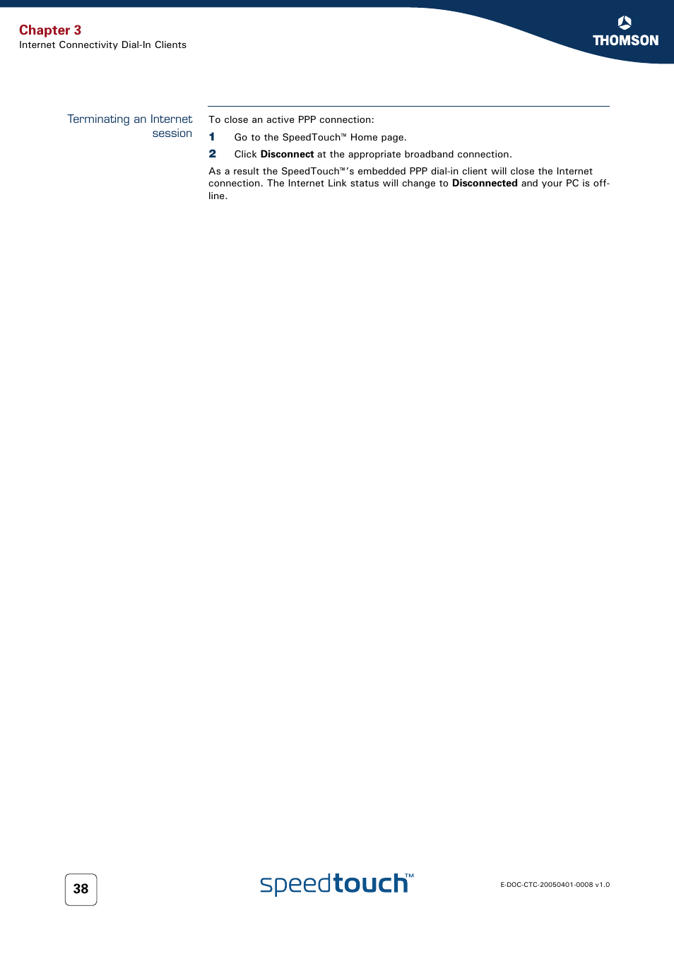 Terminating an internet session, Chapter 3 | RCA SpeedTouch 716v5 (WL) User Manual | Page 46 / 140