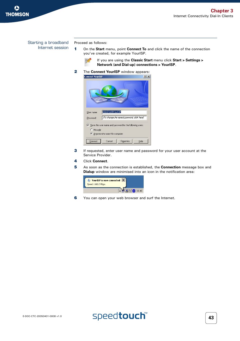 Starting a broadband internet session, Chapter 3 | RCA SpeedTouch 716v5 (WL) User Manual | Page 51 / 140