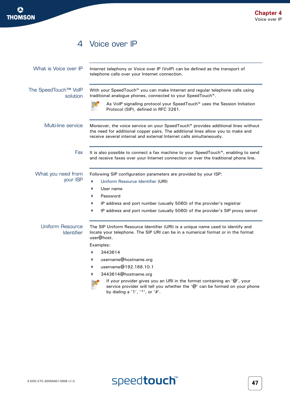 4 voice over ip, What is voice over ip, The speedtouch™ voip solution | Multi-line service, What you need from your isp, Uniform resource identifier, Voice over ip, Chapter 4 | RCA SpeedTouch 716v5 (WL) User Manual | Page 55 / 140