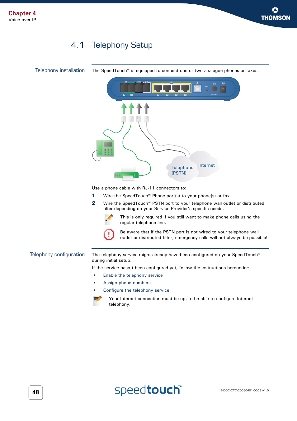 1 telephony setup, Telephony installation, Telephony configuration | Telephony setup, Chapter 4 | RCA SpeedTouch 716v5 (WL) User Manual | Page 56 / 140