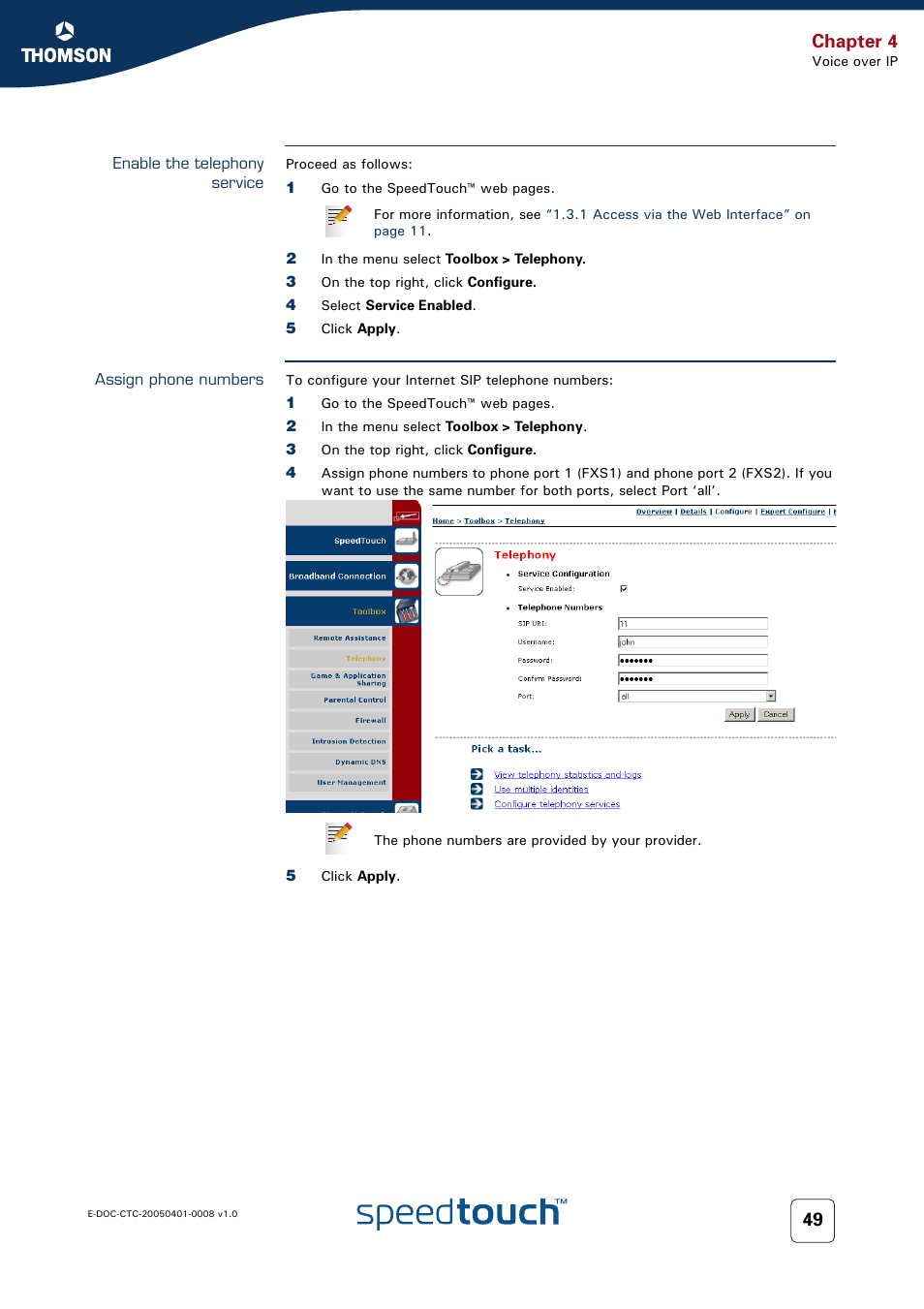 Enable the telephony service, Assign phone numbers, Chapter 4 | RCA SpeedTouch 716v5 (WL) User Manual | Page 57 / 140
