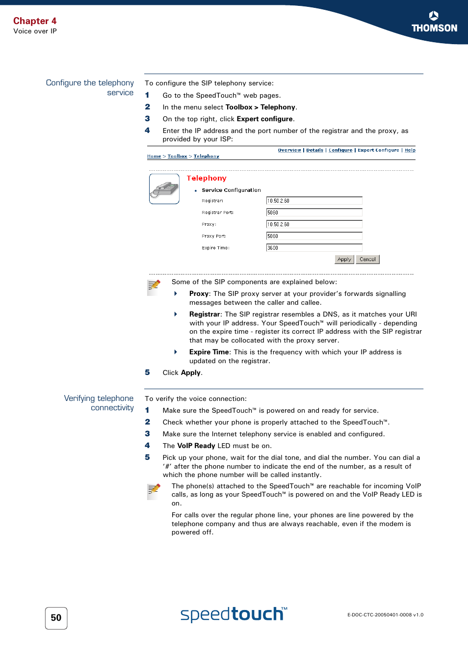 Configure the telephony service, Verifying telephone connectivity, Chapter 4 | RCA SpeedTouch 716v5 (WL) User Manual | Page 58 / 140