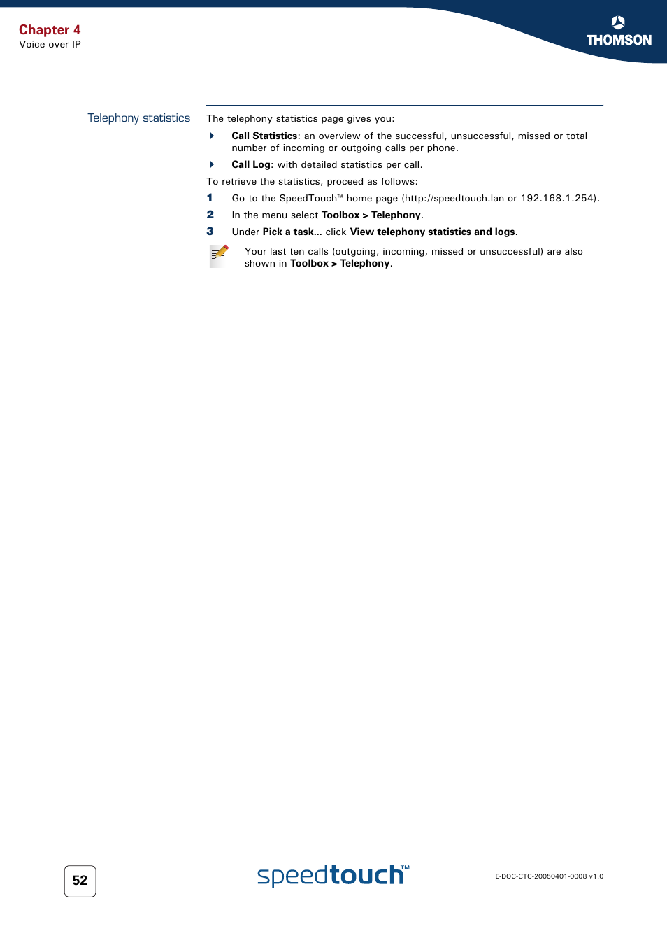 Telephony statistics, Chapter 4 | RCA SpeedTouch 716v5 (WL) User Manual | Page 60 / 140