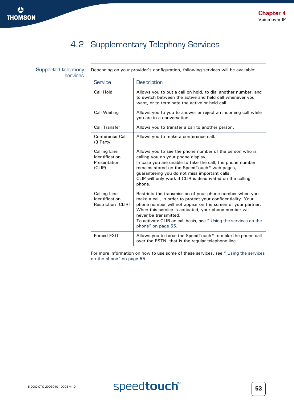 2 supplementary telephony services, Supported telephony services, Supplementary telephony services | Chapter 4 | RCA SpeedTouch 716v5 (WL) User Manual | Page 61 / 140