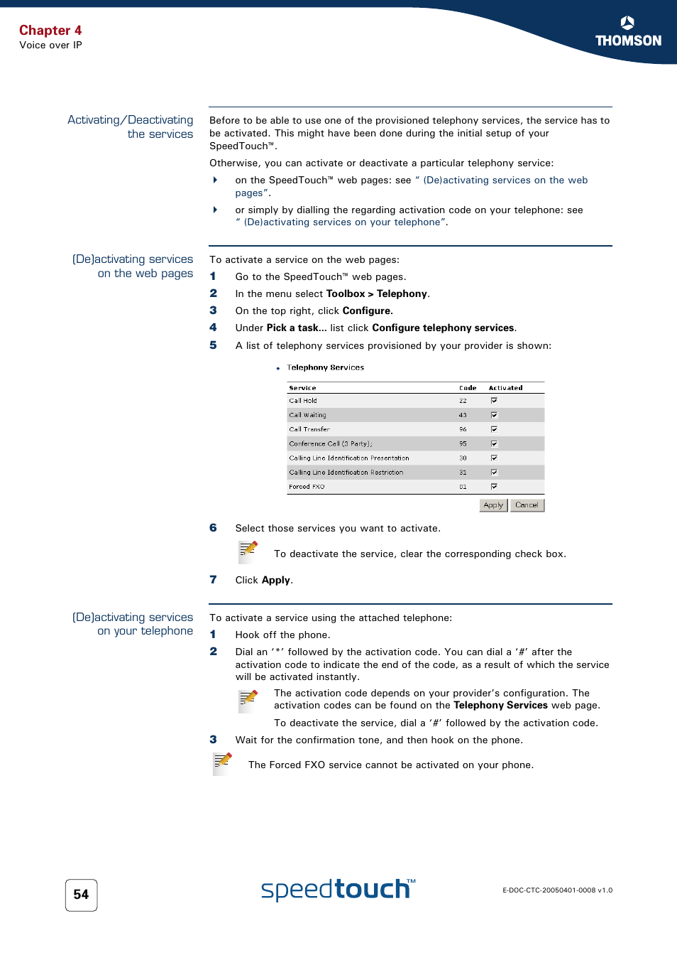 Activating/deactivating the services, De)activating services on your telephone, Chapter 4 | RCA SpeedTouch 716v5 (WL) User Manual | Page 62 / 140