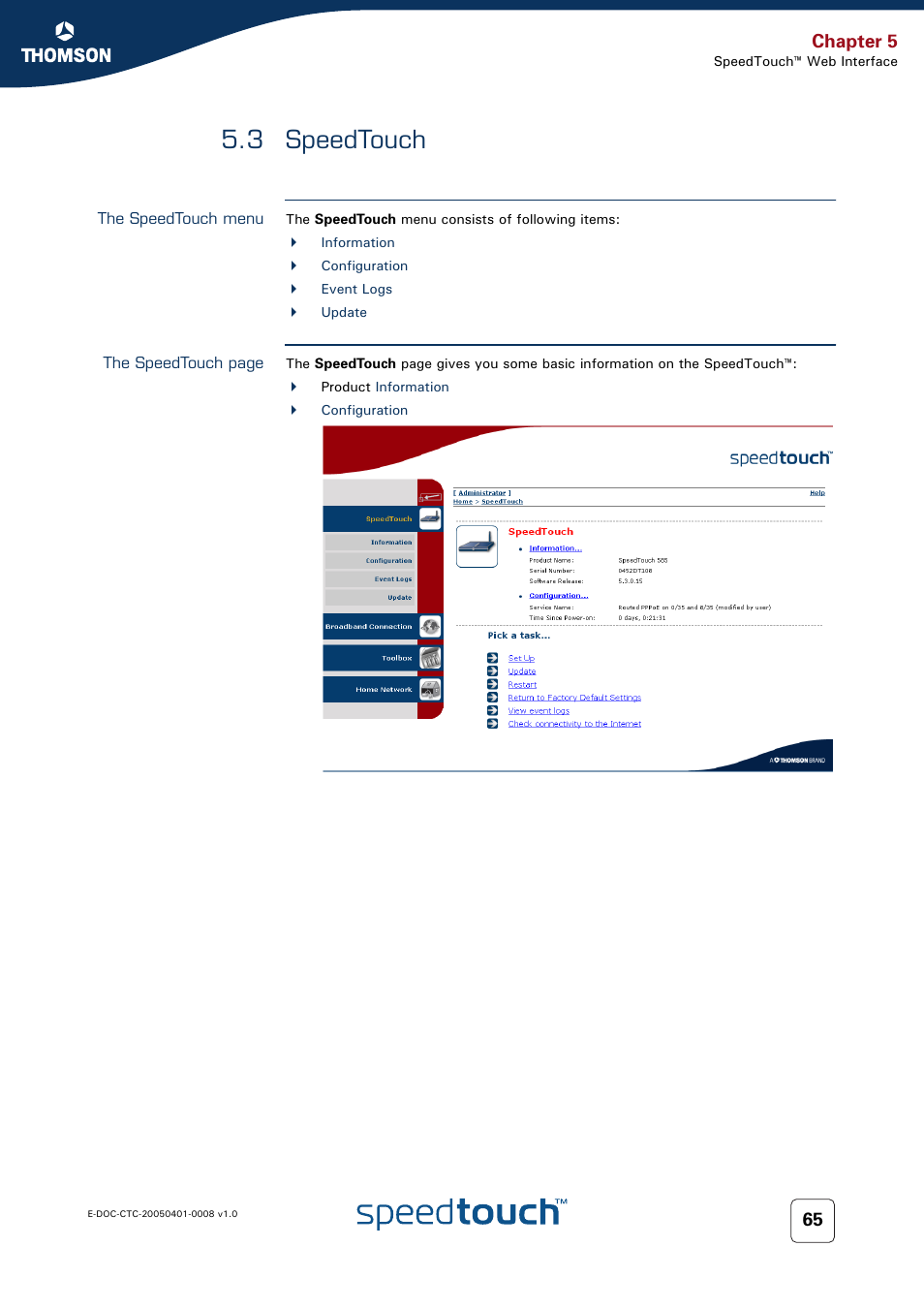 3 speedtouch, The speedtouch menu, Speedtouch | Chapter 5 | RCA SpeedTouch 716v5 (WL) User Manual | Page 73 / 140