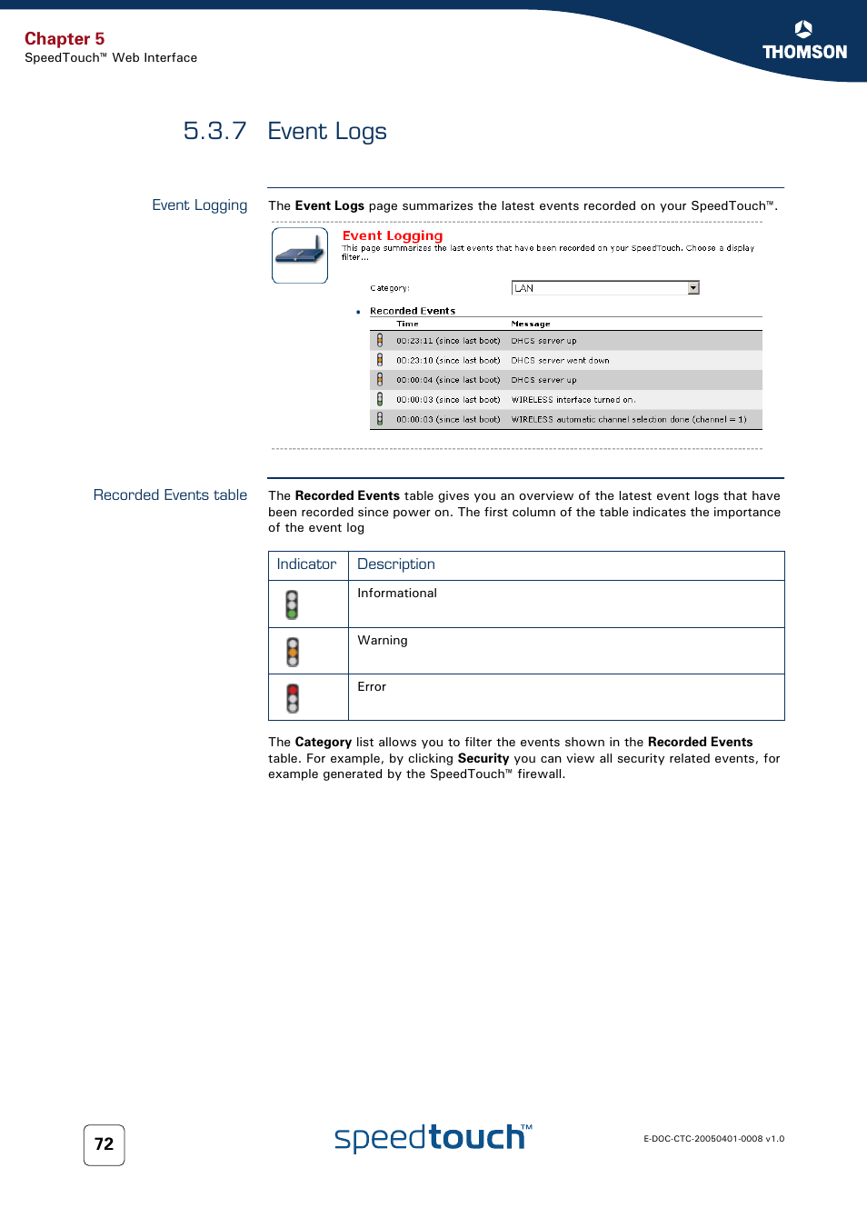 7 event logs, Event logging, Recorded events table | Event logs, Chapter 5 | RCA SpeedTouch 716v5 (WL) User Manual | Page 80 / 140