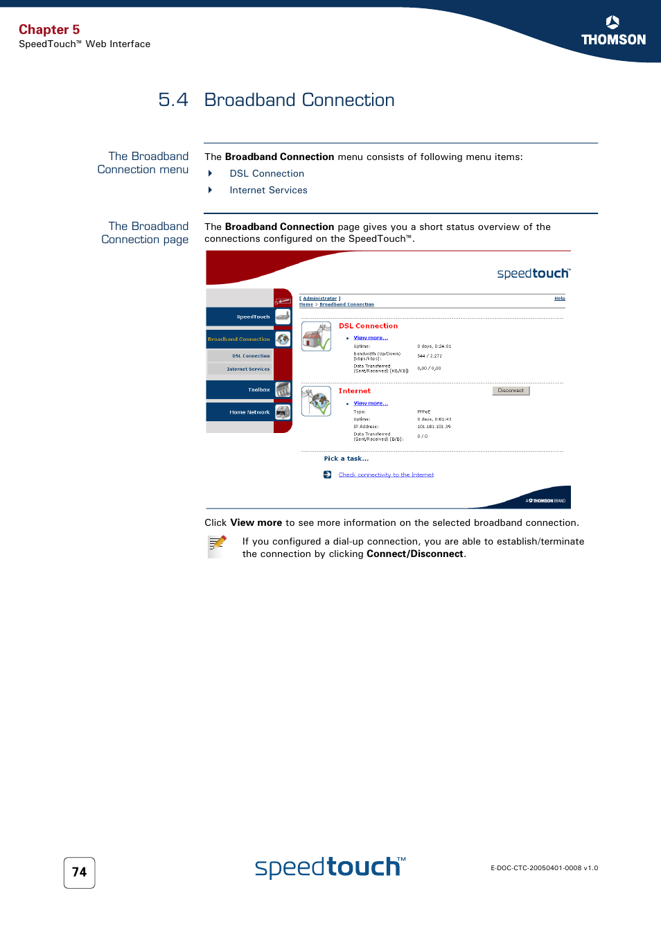 4 broadband connection, The broadband connection menu, Broadband connection | Chapter 5 | RCA SpeedTouch 716v5 (WL) User Manual | Page 82 / 140