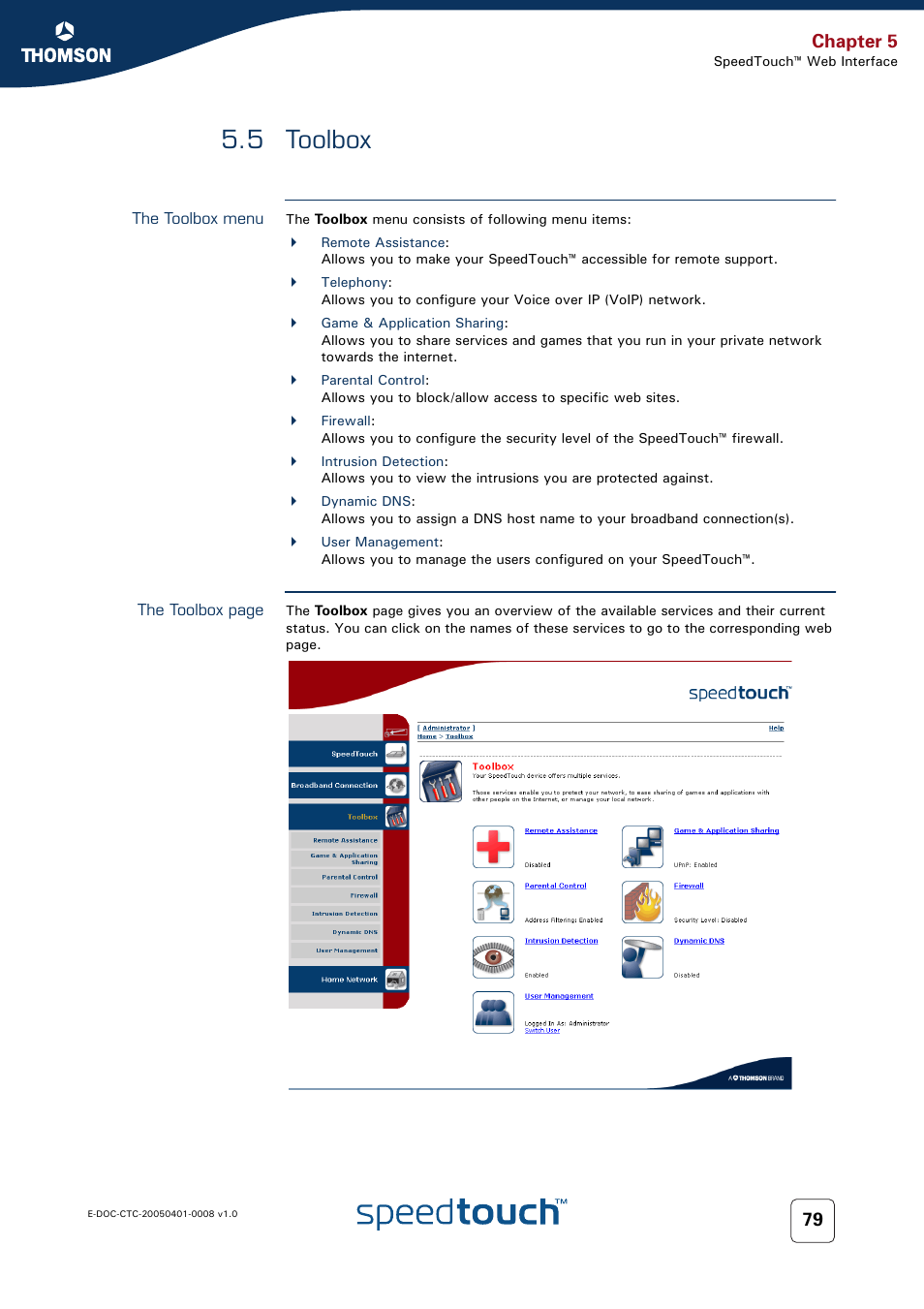 5 toolbox, The toolbox menu, Toolbox | Chapter 5 | RCA SpeedTouch 716v5 (WL) User Manual | Page 87 / 140