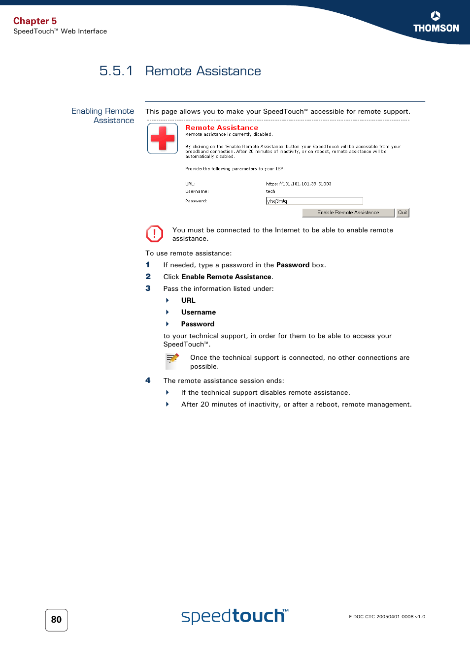 1 remote assistance, Enabling remote assistance, Remote assistance | Chapter 5 | RCA SpeedTouch 716v5 (WL) User Manual | Page 88 / 140