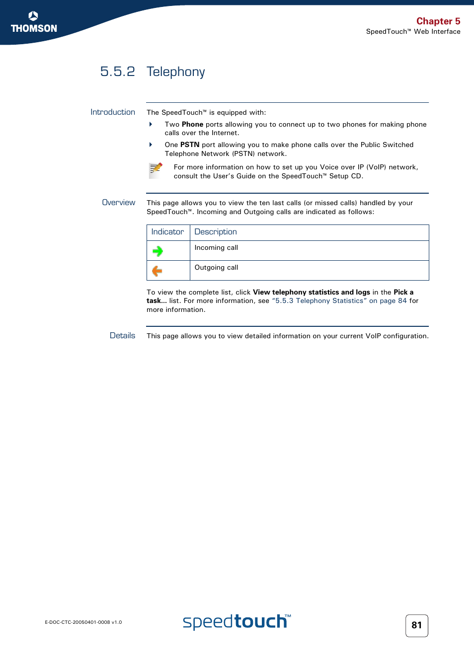 2 telephony, Introduction, Overview | Details, Telephony, Chapter 5 | RCA SpeedTouch 716v5 (WL) User Manual | Page 89 / 140