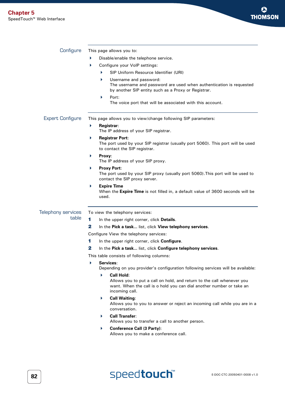 Configure, Expert configure, Telephony services table | Chapter 5 | RCA SpeedTouch 716v5 (WL) User Manual | Page 90 / 140