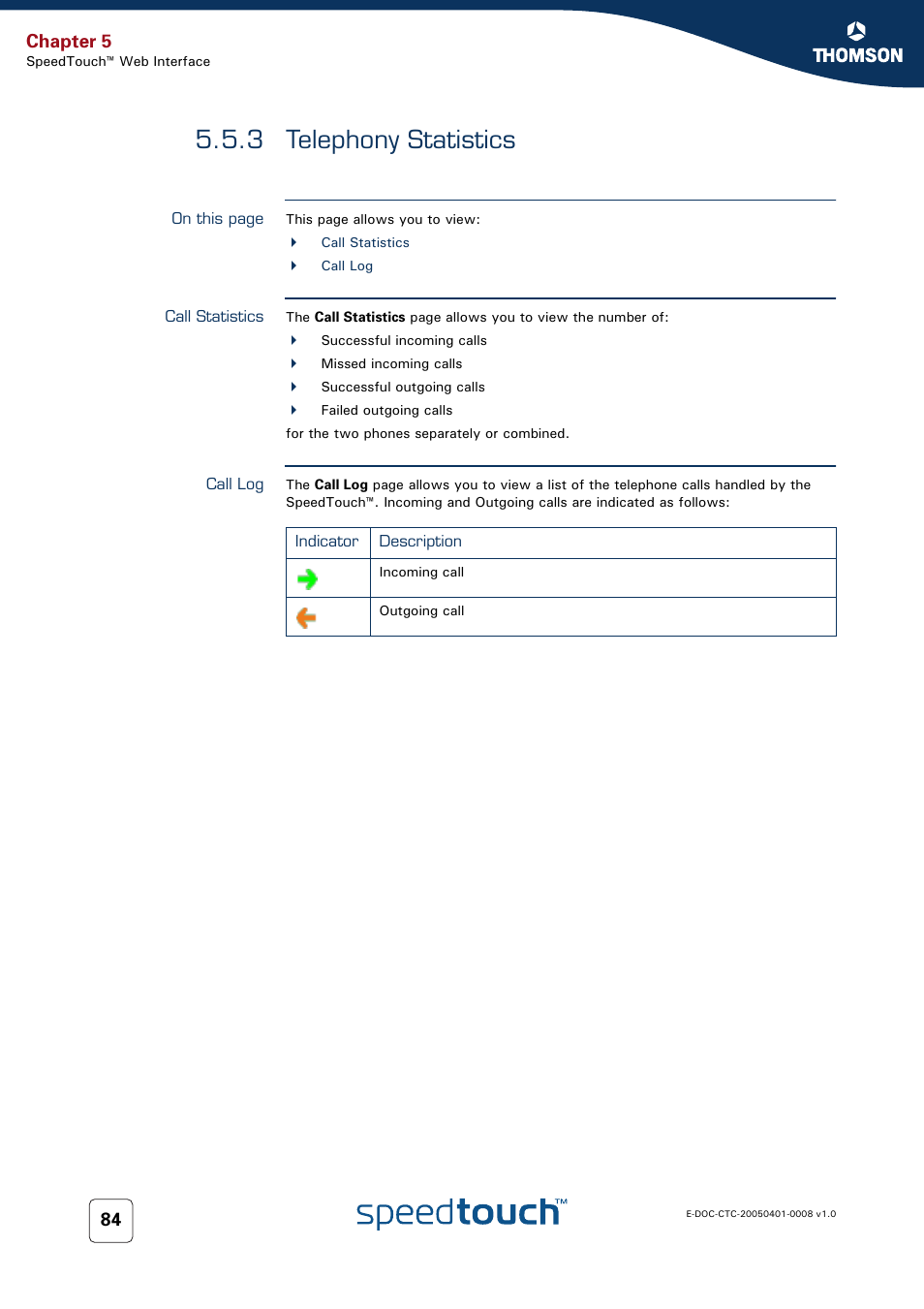 3 telephony statistics, Call statistics, Call log | Telephony statistics, Chapter 5 | RCA SpeedTouch 716v5 (WL) User Manual | Page 92 / 140