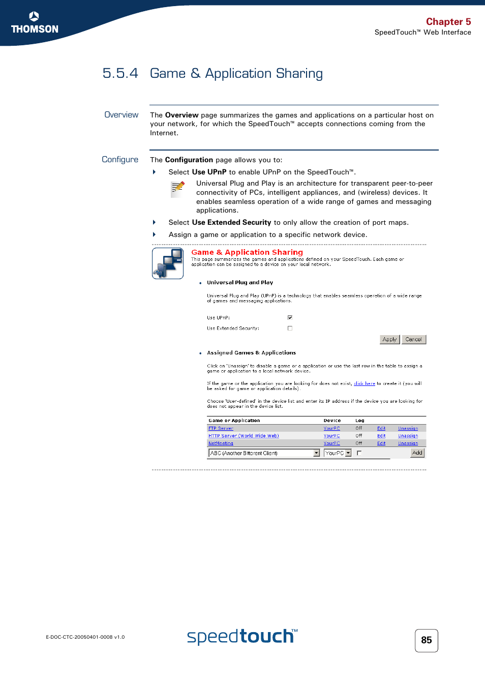 4 game & application sharing, Overview, Configure | Game & application sharing, Chapter 5 | RCA SpeedTouch 716v5 (WL) User Manual | Page 93 / 140