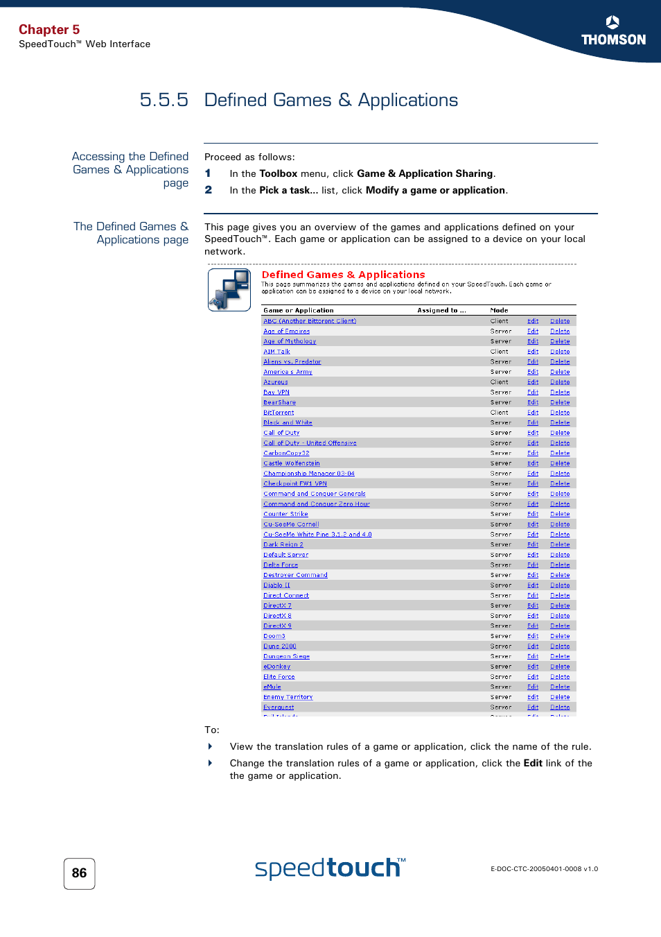 5 defined games & applications, Defined games & applications, Chapter 5 | RCA SpeedTouch 716v5 (WL) User Manual | Page 94 / 140