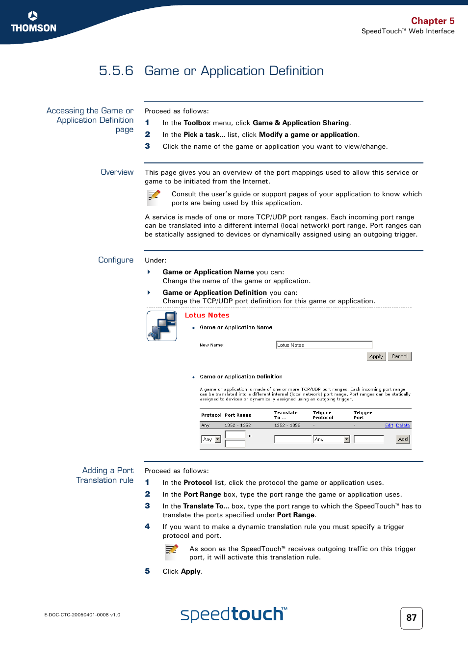 6 game or application definition, Overview, Configure | Adding a port translation rule, Game or application definition, Chapter 5 | RCA SpeedTouch 716v5 (WL) User Manual | Page 95 / 140