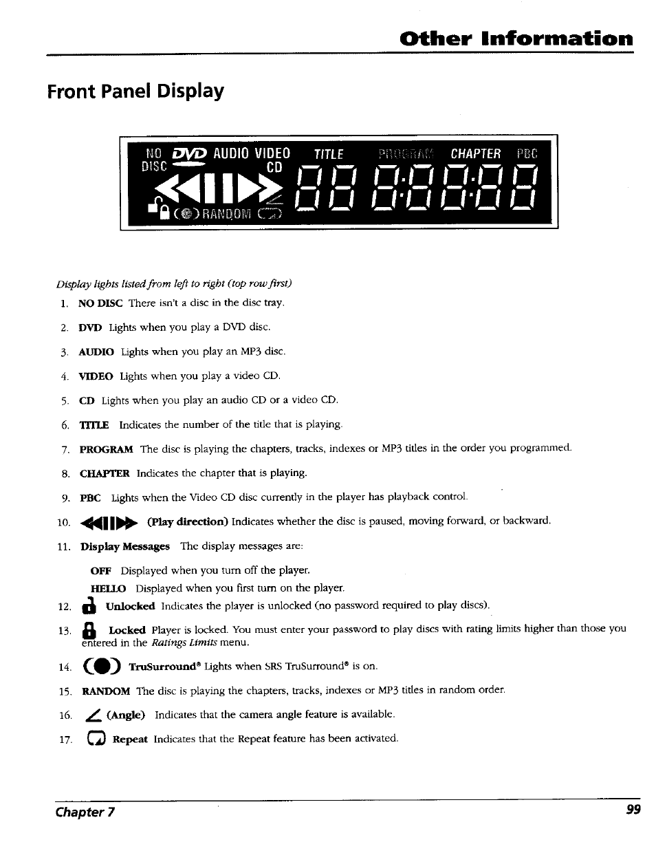 Front panel display, I ii i i iij ijij ij o, Li u u li li | Other information | RCA RC5227P User Manual | Page 101 / 111
