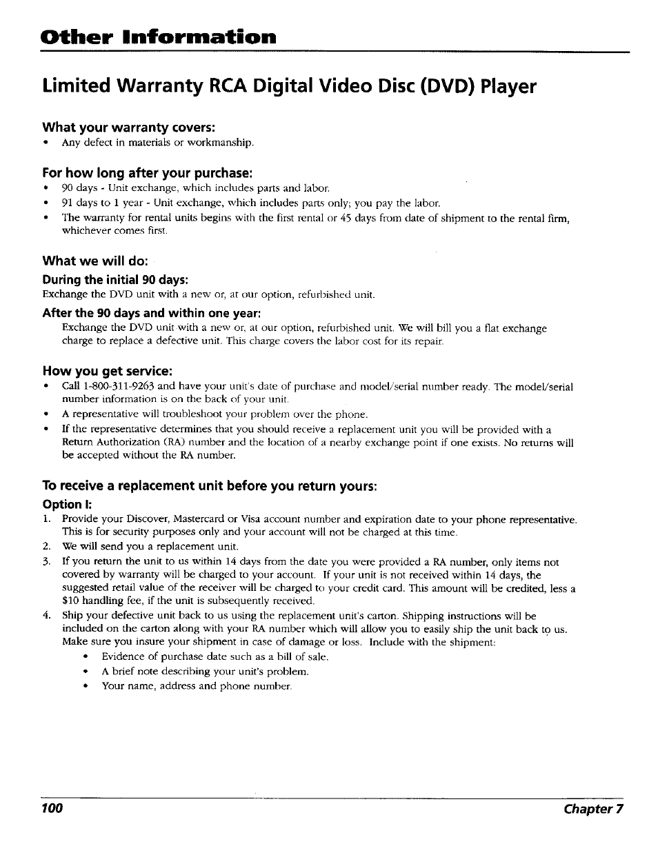 What your warranty covers, For how long after your purchase, What we will do | During the initial 90 days, After the 90 days and within one year, How you get service, Option i, Other information | RCA RC5227P User Manual | Page 102 / 111