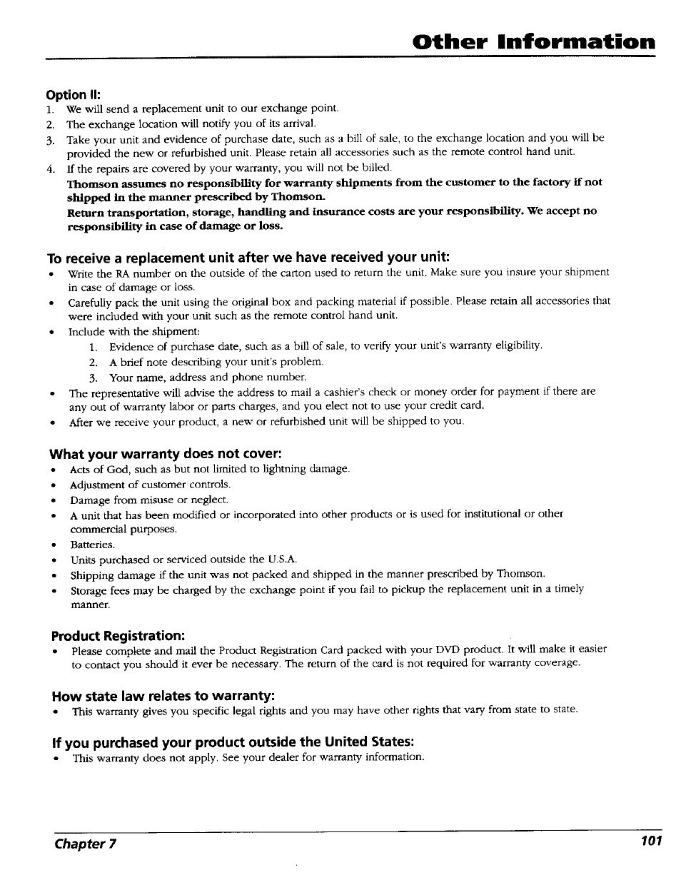 Option ii, What your warranty does not cover, Product registration | How state law relates to warranty, Other information | RCA RC5227P User Manual | Page 103 / 111