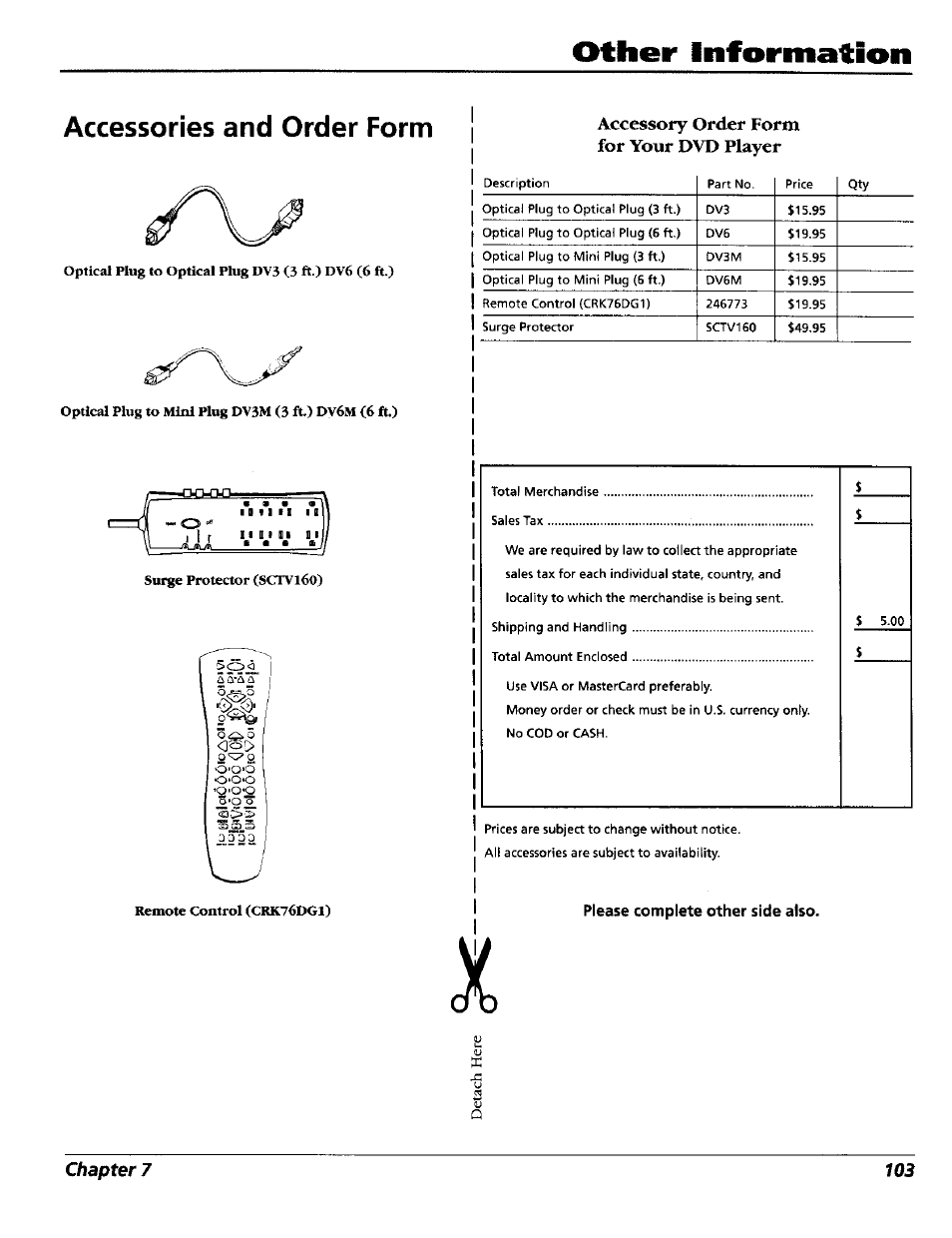 Accessories and order form, Please complete other side also, Other information | Accessory order form for your dvd player | RCA RC5227P User Manual | Page 105 / 111