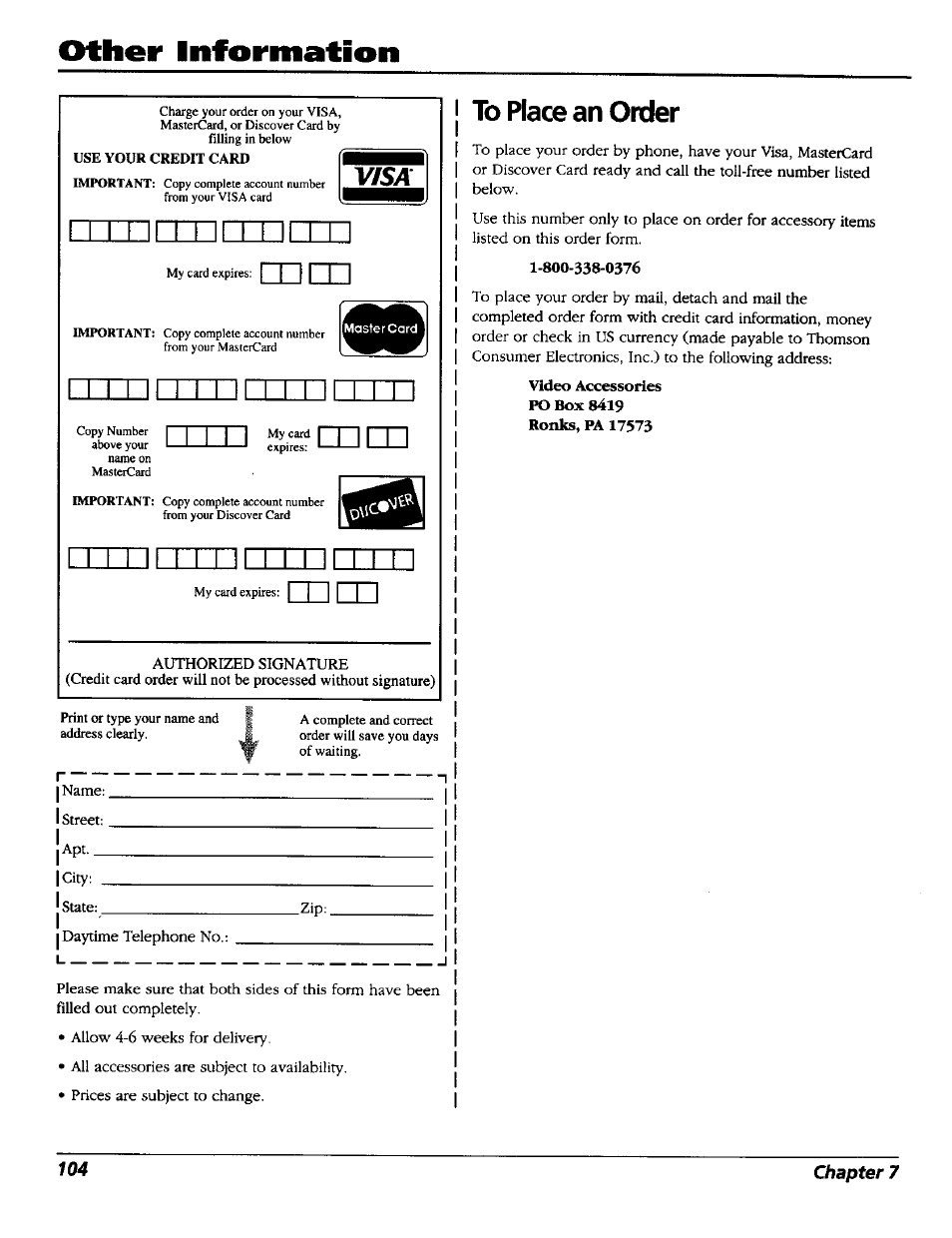 To place an order, Sr co co, Other liiformation | RCA RC5227P User Manual | Page 106 / 111