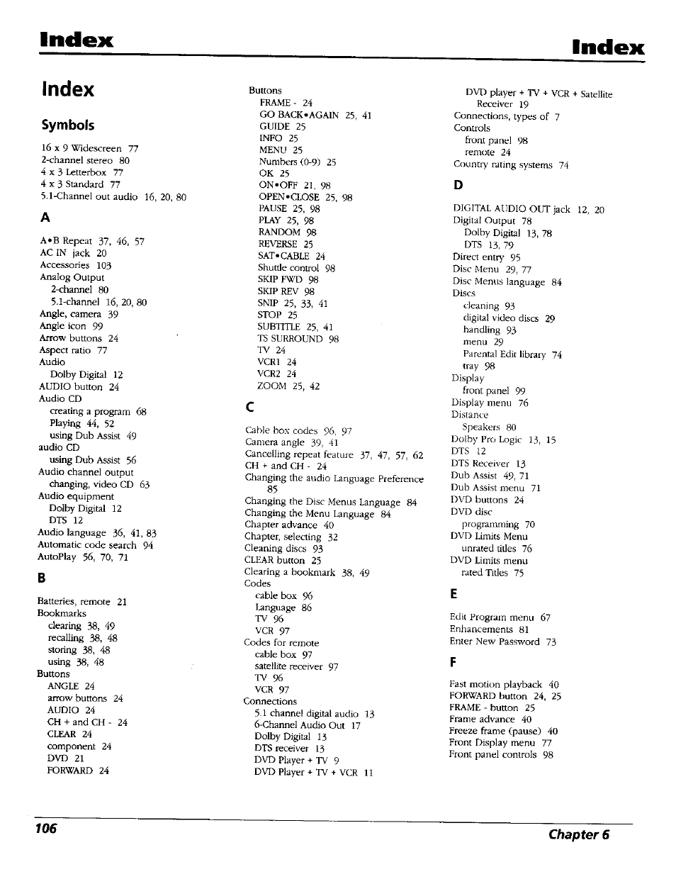 Index, Symbols | RCA RC5227P User Manual | Page 108 / 111