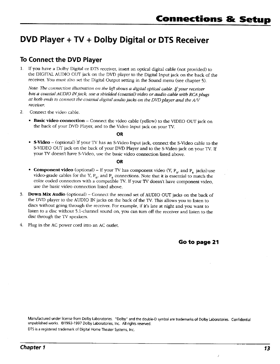 Dvd player + tv + dolby digital or dts receiver, To connect the dvd player, Cownectiows & setup | RCA RC5227P User Manual | Page 15 / 111