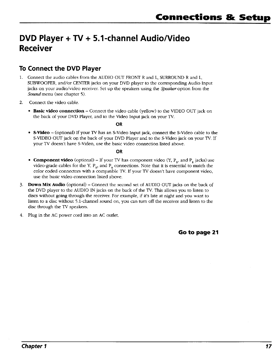 Dvd player + tv + 5.1-channel audio/video receiver, To connect the dvd player, Dvd player + tv + 5.1-channel audioa/ideo receiver | Connections & setup | RCA RC5227P User Manual | Page 19 / 111