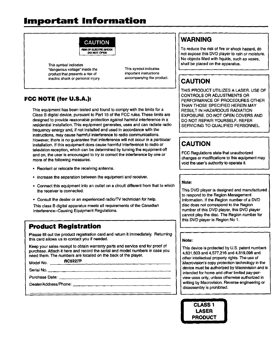 Warning, Caution, Important information | Product registration | RCA RC5227P User Manual | Page 2 / 111