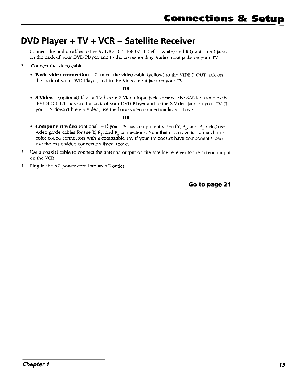Dvd player + tv + vcr + satellite receiver, Connections 8r setup | RCA RC5227P User Manual | Page 21 / 111