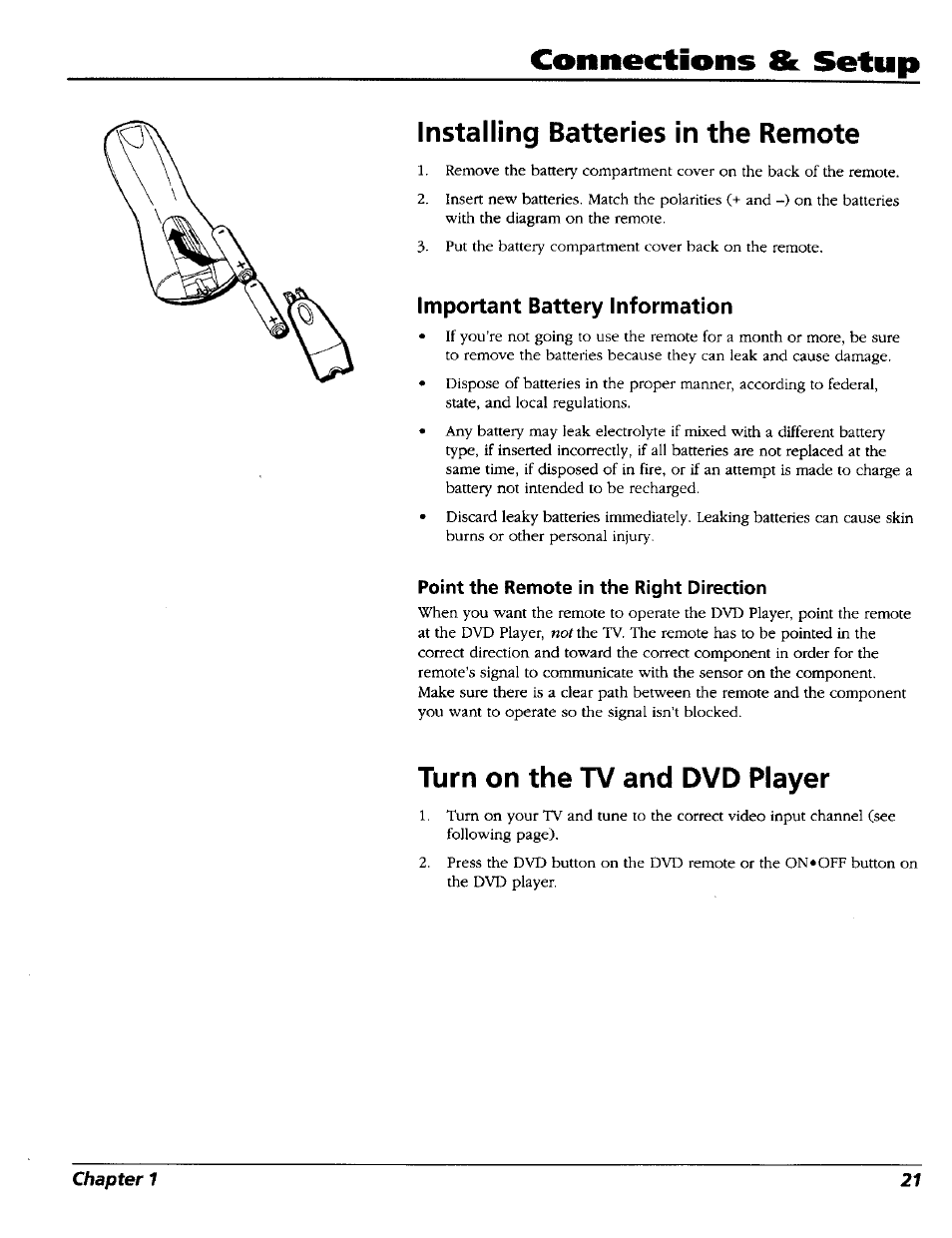 Installing batteries in the remote, Important battery information, Point the remote in the right direction | Turn on the tv and dvd player, Install batteries in the remote, Cownections &: setup | RCA RC5227P User Manual | Page 23 / 111