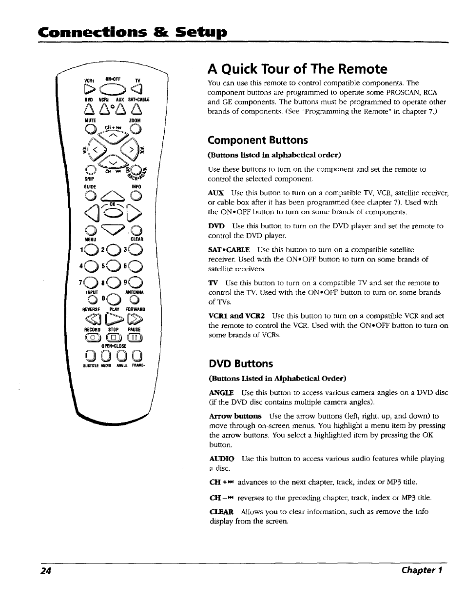 A quick tour of the remote, Component buttons, Dvd buttons | Component buttons dvd buttons, Connections & setup | RCA RC5227P User Manual | Page 26 / 111