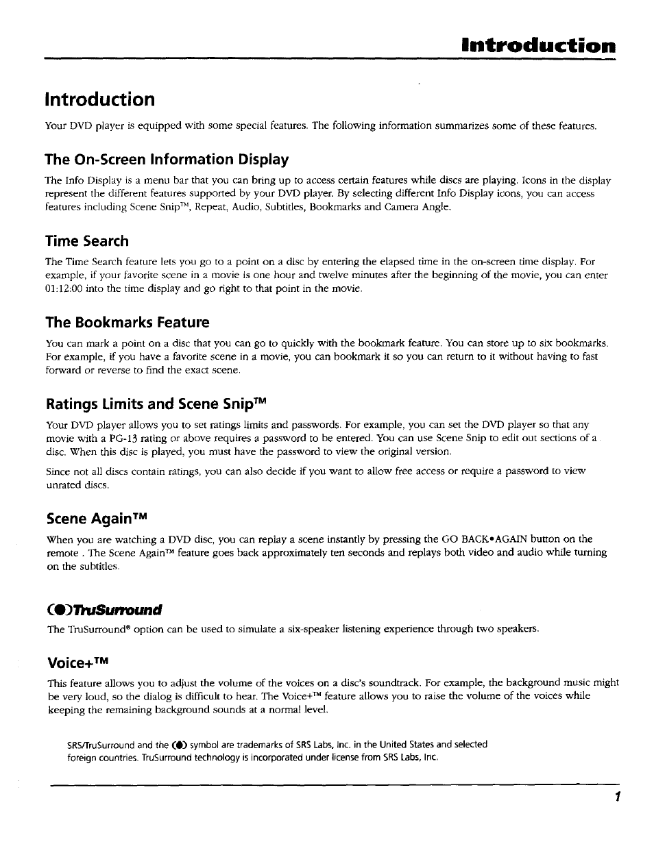 Introduction, The on-screen information display, Time search | The bookmarks feature, Ratings limits and scene snip, Scene again, Voice | RCA RC5227P User Manual | Page 3 / 111