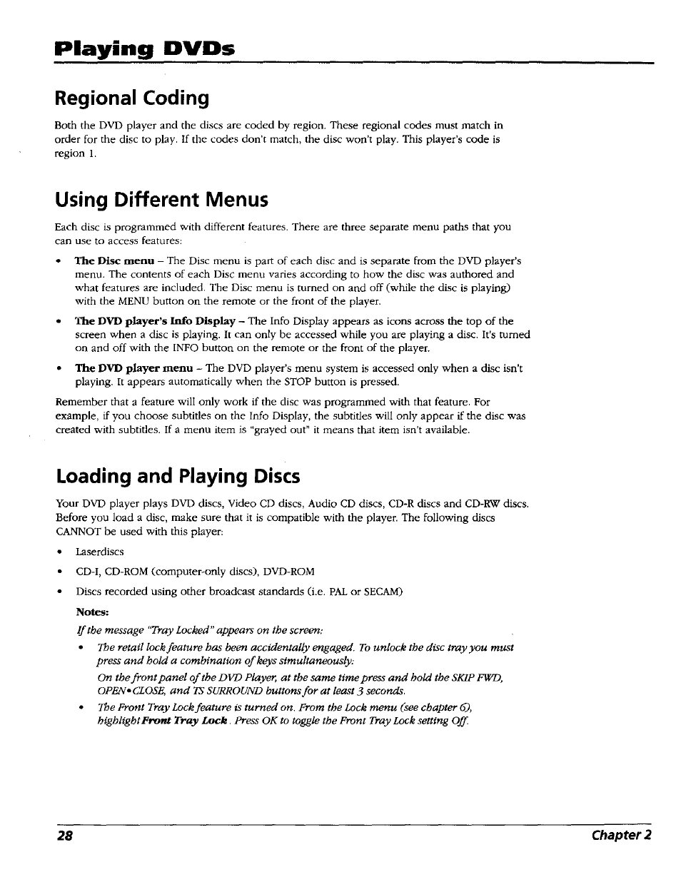 Regional coding, Using different menus, Loading and playing discs | Playing dvds | RCA RC5227P User Manual | Page 30 / 111