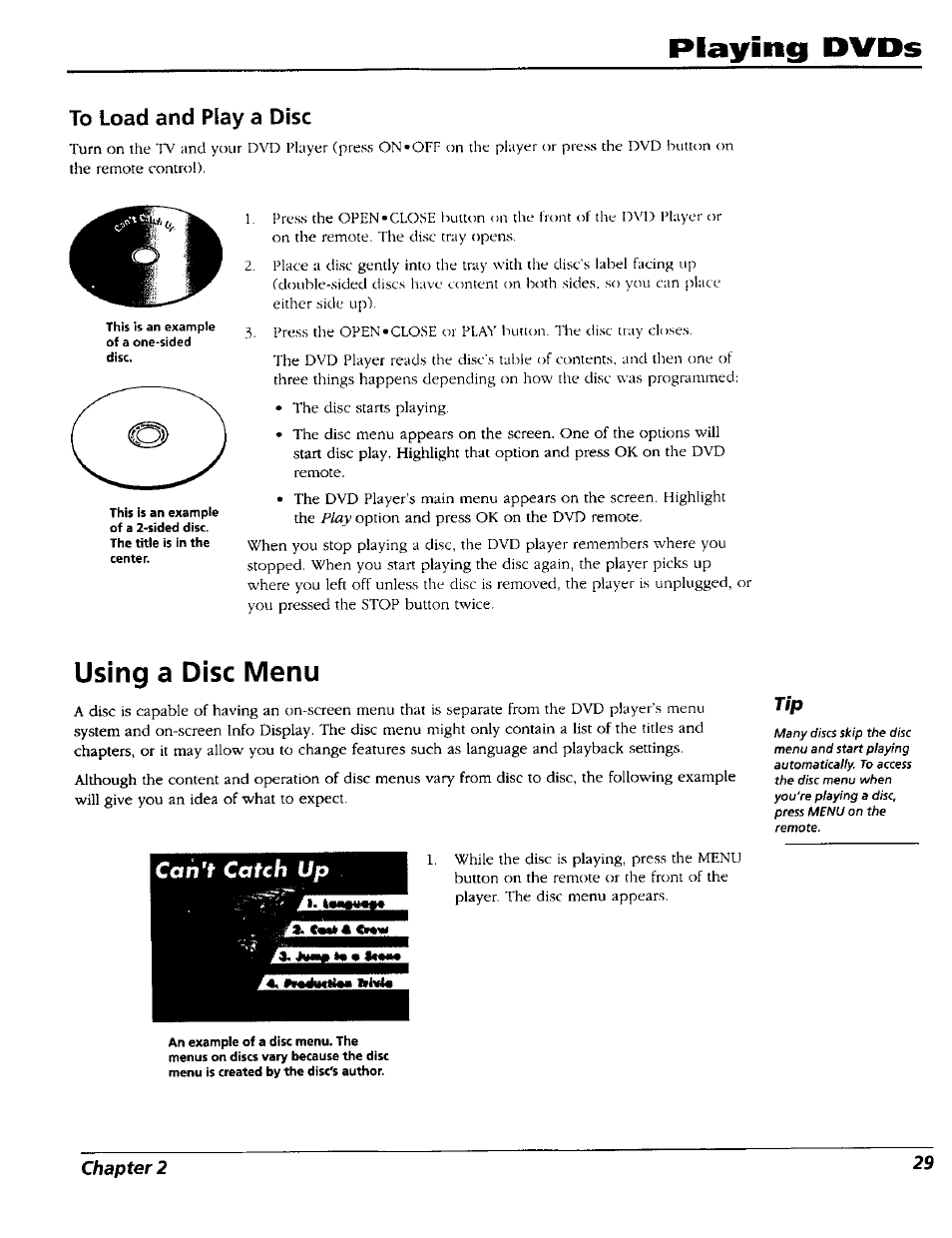 To load and play a disc, Using a disc menu, Playing dvds | Catch up | RCA RC5227P User Manual | Page 31 / 111