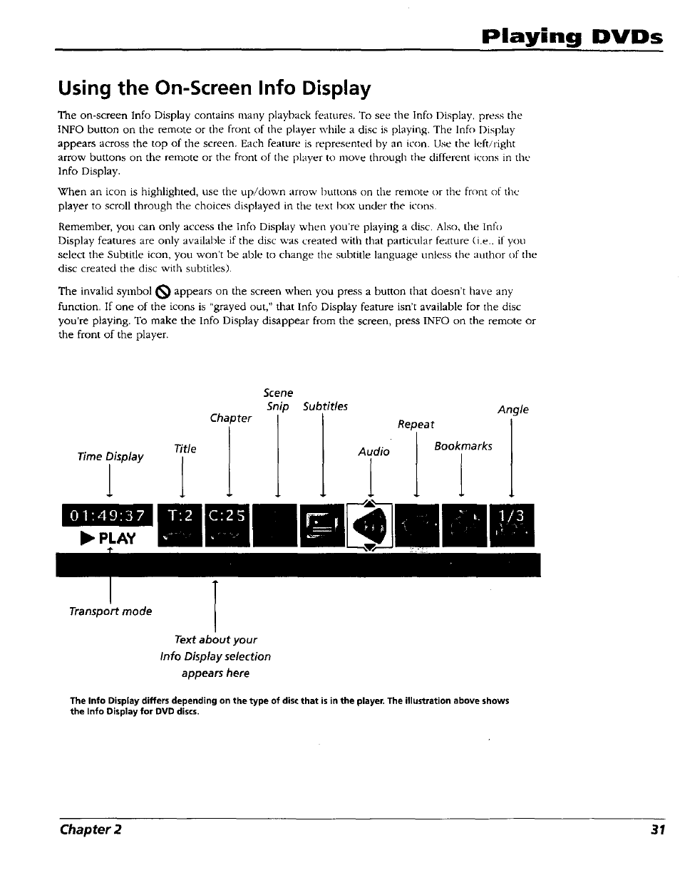 Using the on-screen info display, Playing dvds | RCA RC5227P User Manual | Page 33 / 111