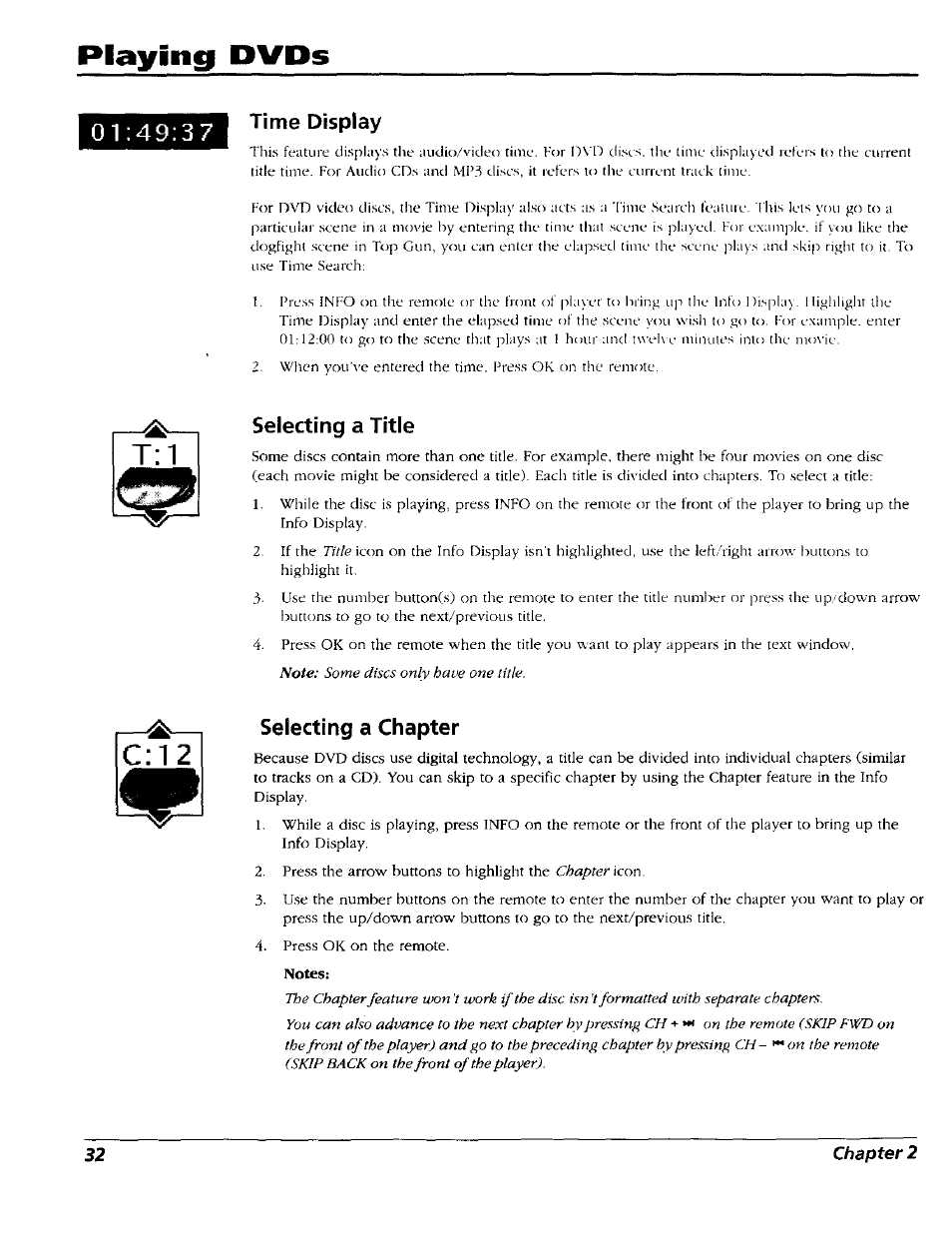 Time display, Selecting a title, Selecting a chapter | Selecting a title selecting a chapter, Playing dvds, 4 9 : 3 7 time display | RCA RC5227P User Manual | Page 34 / 111