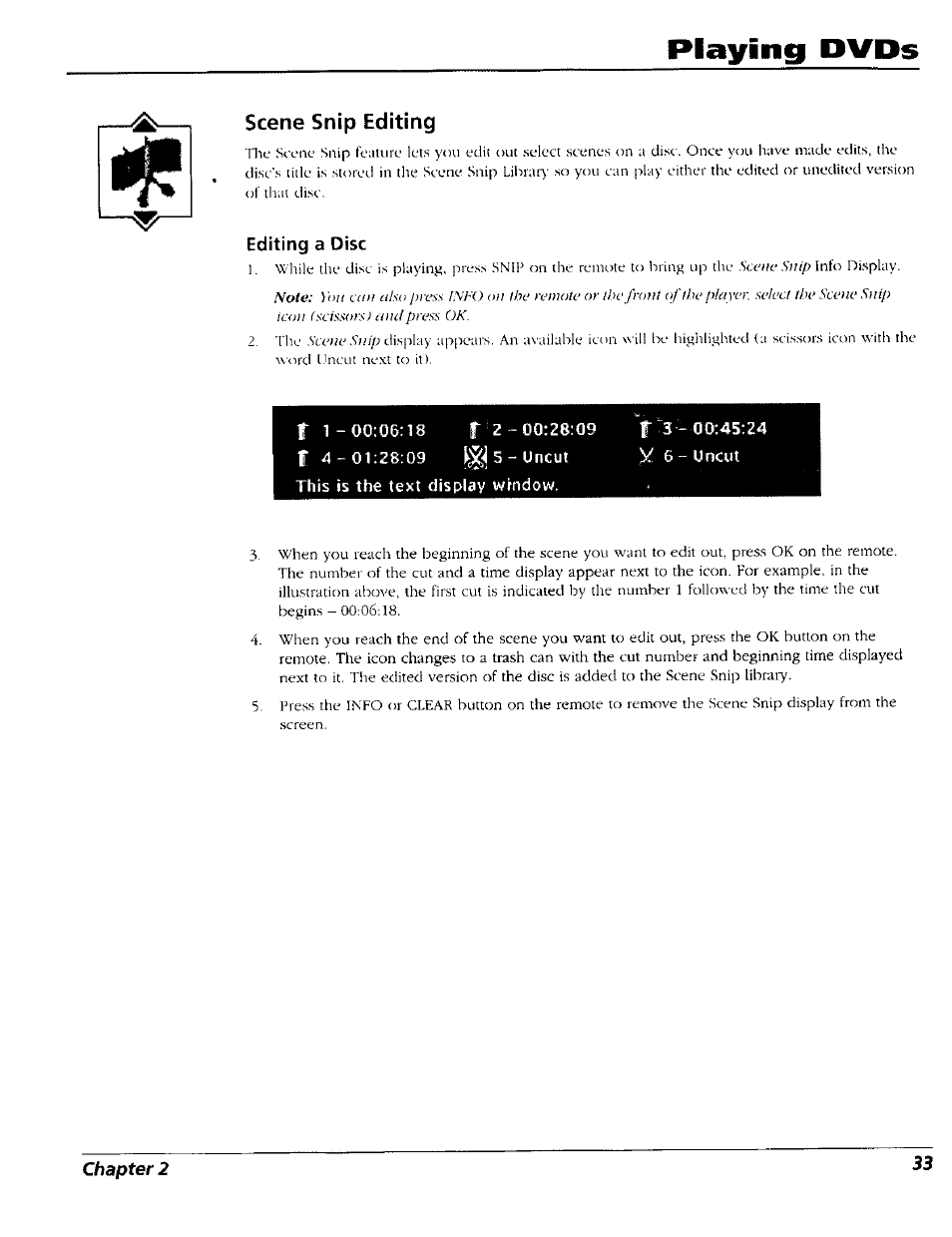 Scene snip editing, Editing a disc, Playing dvds | RCA RC5227P User Manual | Page 35 / 111